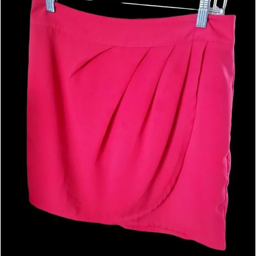 FOREVER 21 Bright Pink Silky Polyester Pleated Faux Wrap Mini Skirt Sz L